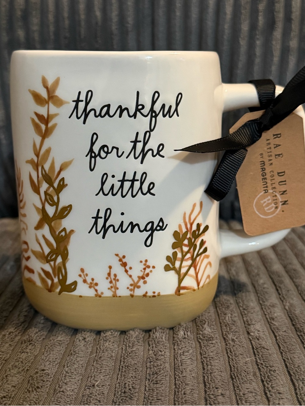 Rae Dunn ‘Thankful for the Little Things’ White & Beige Ceramic Mug NWT